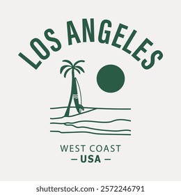 Stylish Los Angeles design featuring a palm tree, surfboard, and minimalist ocean scenery. Perfect for West Coast-themed projects, apparel, and travel souvenirs. Captures sunny California vibes.