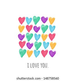 Stylish love card with bright watercolor hearts. Vector illustration