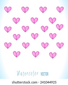 Stylish love card with  pink watercolor hearts. Vector illustration. Pink watercolor painted isolated vector hearts.  Elements for your design.