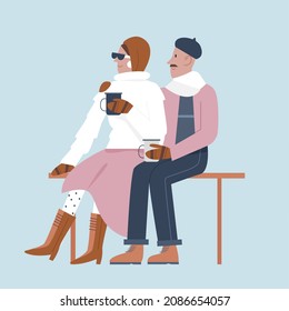 Stylish lovely couple sitting on outdoor bench. Drinking hot drink in cold winter season cartoon vector illustration