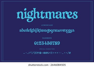 "pesadelos" com fonte de exibição em letras minúsculas e estilo, com caracteres serif, numerais e símbolos fluindo em água vibrante em uma tela de índigo