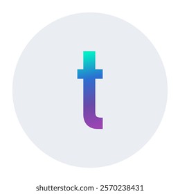 A stylish lowercase “t” with a vibrant gradient color effect, set against a soft white circle. Ideal for creative design projects, branding, or digital art.