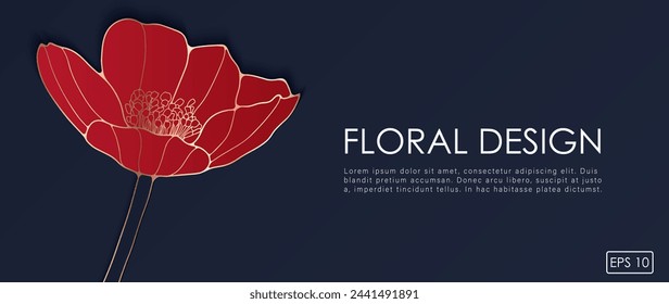 Stylish luxury floral design with red poppy flower on dark blue background. Golden outline of poppy flower.