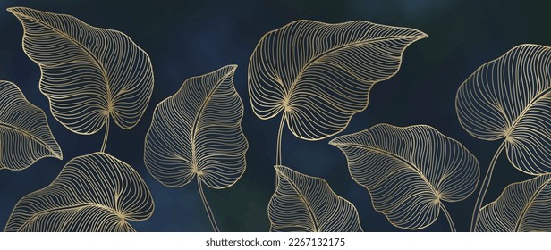 Elegante ilustración vectorial de lujo con hojas de palma doradas sobre fondo azul oscuro para la decoración, cubiertas, fondos, tapices