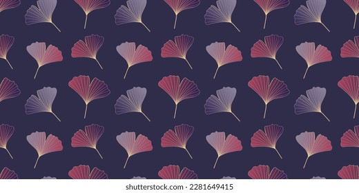 Stylish luxury vector seamless pattern with pink and blue ginkgo biloba leaves on dark purple background for textile, print, covers, backdrops, wallpapers, decor, wrapping paper