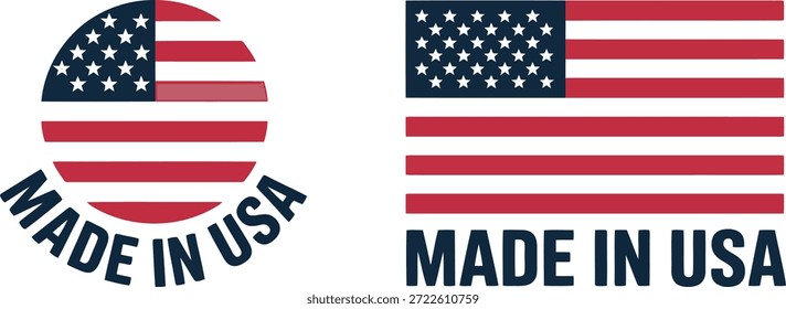 Stylish Made in USA graphic elements, showcasing the American flag in distinct circular and horizontal banner layouts, promoting products.