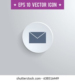Stylish mail envelope icon. Blue colored symbol on a white circle with shadow on a gray background. EPS10 with transparency.