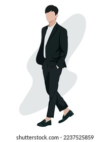 Stylish male businessman in a business suit on an interesting background cartoon male characters. Men in fashion clothes. Flat style.