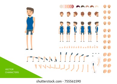 Stylish male character design kit. Full elements and views collection isolated on white background. Vector illustration.
