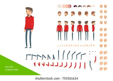 Stylish male character design kit. Full elements and views collection isolated on white background. Vector illustration.