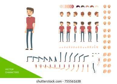 Stylish male character design kit. Full elements and views collection isolated on white background. Vector illustration.