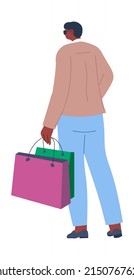 Carácter masculino elegante con gafas de sol, que se aleja llevando bolsas de tiendas y tiendas. Personaje de hombre aislado el fin de semana. La actividad comercial, el ocio y el pasatiempo. Vector de estilo plano