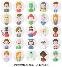 Stylish male and female iconic people characters collection of various occupation, profession and other social individuals portrait. Flat design style modern vector illustration icons set. 