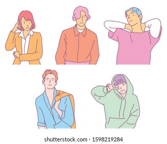 Stylish male female upper body characters. hand drawn style vector design illustrations. 