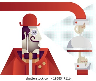 Stylish male gentleman butler. Waiter with a tray, cook, concierge. Vector author's illustration in flat style. Book illustration or illustration for the site. Unusual illustration