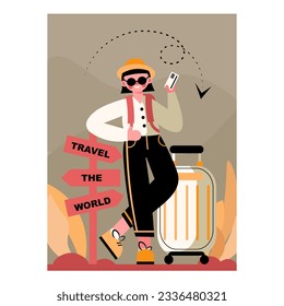 Stylish male standing near trolley bag, holding ticket and ready to travel aboard. Tourist traveling, visiting attractions. Flat vector illustration in yellow colors