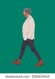 Stylish man in autumn casual street fashion clothes walking side view. Handsome bearded guy wearing beanie hat, jacket, jeans and boots. Vector realistic illustration isolated on green background