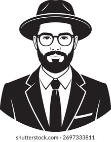 Hombre elegante con barba, gafas y sombrero con traje y corbata