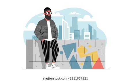 Stylish man with a beard and glasses leaning against a concrete wall with colorful graffiti art and a modern city skyline.