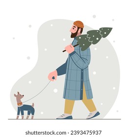 Stylish man with beard in a hat and down jacket carries a Christmas tree. A guy walking with his little dog. Winter vector holiday illustration.