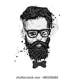 Stylish man with a beard. Man with long hair and glasses. Vector illustration for a card or poster. Print on clothes. Barbershop. Hipster.
