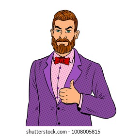 Stylish man with beard showing gesture thumbs up pop art retro vector illustration. Isolated image on white background. Comic book style imitation.