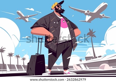 Stylish man with beard and sunglasses ready for vacation at airport. Flat vector illustration of travel, leisure, and holiday journey
