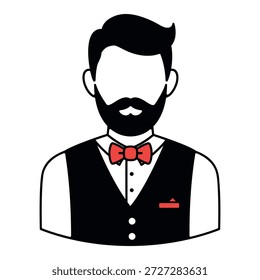 Un hombre elegante con barba que lleva una pajarita y chaleco ilustrado en un estilo minimalista