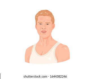 Stylish man with blondhair , in a white t-shirt trending style. Real man portrait avatar - hand drawn. European blond man portrait, young guy, print in sketch style. Vector concept face avatar, icon.