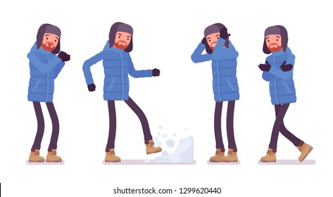 Stylish man in blue down jacket negative emotions, wearing soft warm winter clothes, classic yellow snow boots and hat. Men outfit. Vector flat style cartoon illustration isolated on white background