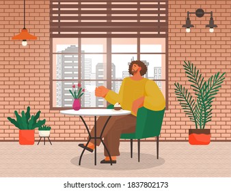 Stylish man in casual clothes sitting at a table drinking coffee vector illustration. Male character having lunch in restaurant with brick wall in the interior. A lonely visitor has dinner in a cafe