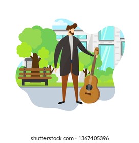 Stylish Man in Casual Clothing Holding Acoustic Guitar in Hand on Urban Background. Street Artist Performing at City Park. Talented Guy Perform Talent Outdoor. Cartoon Flat Vector Illustration, Icon.