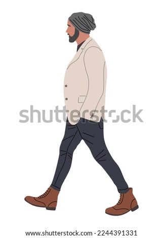 Stylish man in casual warm clothes walking side view. Handsome guy in street fashion outfit for cold weather, winter, spring - jacket, hat. Vector realistic illustration isolated on white background