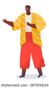 Stylish man, chief, businessman in glasses dressed casual standing at full height points a hand somewhere. Businessperson dark-skinned, male character in yellow spotted jacket office worker or boss