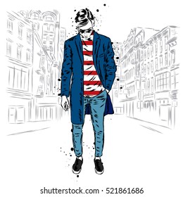Stylish man in a coat and trousers. Vector illustration. Fashion & Style. Clothes and accessories.