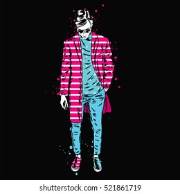 Stylish man in a coat and trousers. Vector illustration. Fashion & Style. Clothes and accessories.
