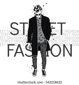 Stylish man in a coat and trousers. Vector illustration. Fashion & Style. Clothes and accessories.