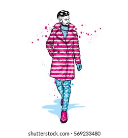 Stylish man in a coat and trousers. Vector illustration. Fashion & Style. Clothes and accessories.