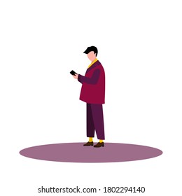 Stylish man in a coat walks and looks at the phone. Flat cartoon character on isolated white background. 