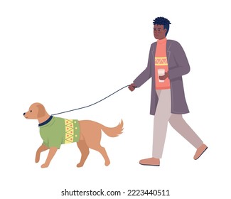 Stylish man with coffee walking dog on leash semi flat color vector characters. Editable figures. Full body person on white. Simple cartoon style illustration for web graphic design and animation