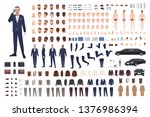 Stylish man dressed in elegant suit creation set or DIY kit. Collection of body parts, clothes, faces, postures, accessories. Male cartoon character. Front, side, back views. Flat vector illustration.
