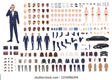 Stylish man dressed in elegant suit creation set or DIY kit. Collection of body parts, clothes, faces, postures, accessories. Male cartoon character. Front, side, back views. Flat vector illustration.