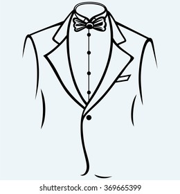 Stylish man in elegant suit. Isolated on blue background. Vector silhouettes