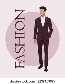 Stylish man in a flat style on an interesting background with the inscription fashion, vector illustration.