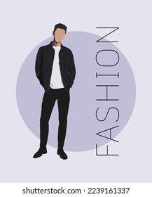 Hombre elegante de estilo plano sobre un fondo interesante con la forma de inscripción, ilustración vectorial.