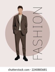 Stylish man in a flat style on an interesting and stylish background with the inscription fashion. Man in fashionable clothes.