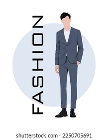 Stylish man in a flat style on an interesting and stylish background with the inscription fashion. Man in fashionable clothes.