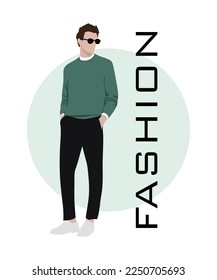 Hombre de diseño con un estilo plano y un fondo interesante y elegante con la forma de la inscripción. Hombre con ropa de moda.