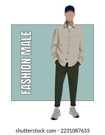 Stylish man in flat style vector illustration. A guy in fashionable clothes on an interesting background with the inscription fashionable man.