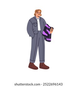 Stylish man in formal suit carries patterned clothes, purchase from shopping. Business person with mustache wearing costume, holds rag, garment on hand. Flat isolated vector illustration on white